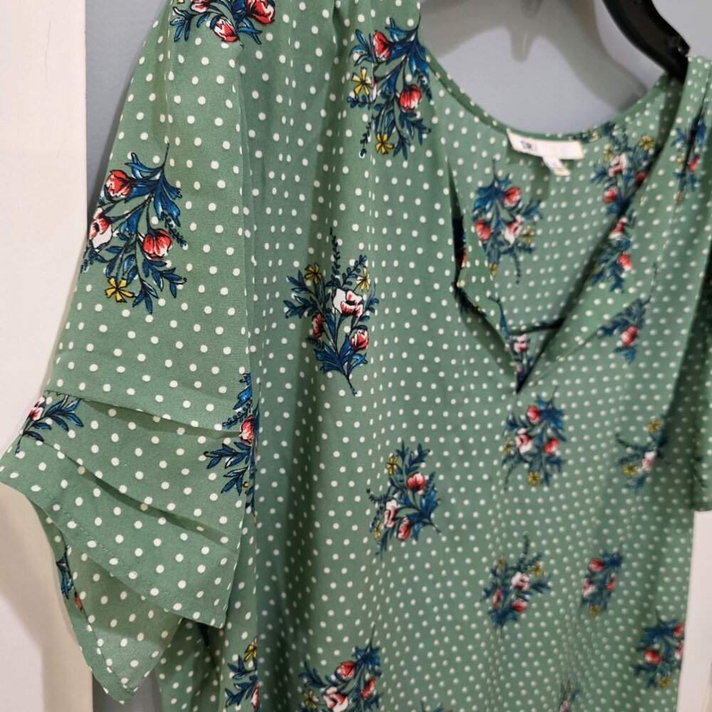DR2 Green Floral Polka Dot Blouse XL Pleated Flutter Sleeve Split Neck Top - Picture 5 of 12